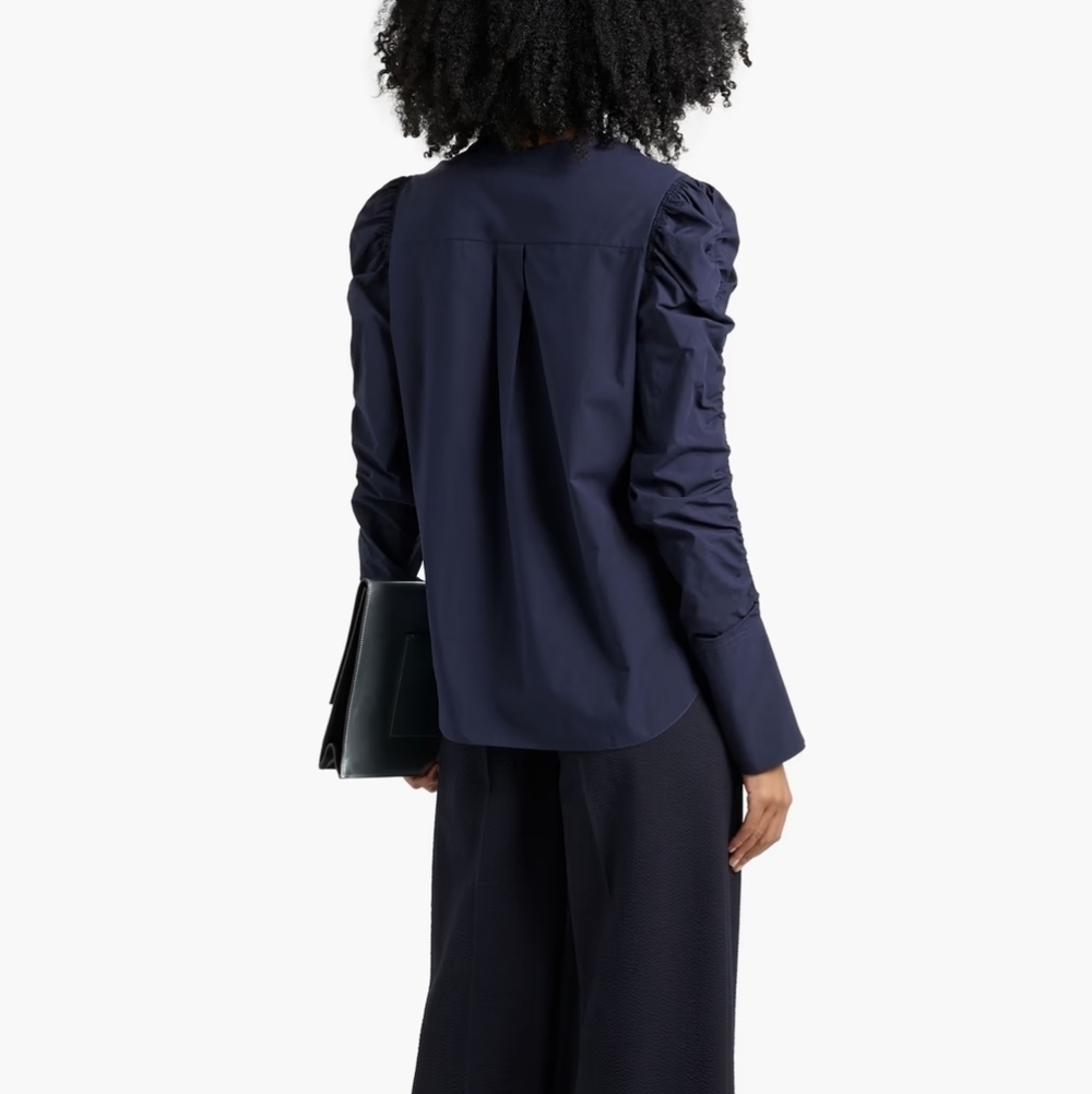 Another Tomorrow Navy Blue Poplin Cotton Shirred Puff Sleeve Button-Up Blouse XL - Picture 4 of 12